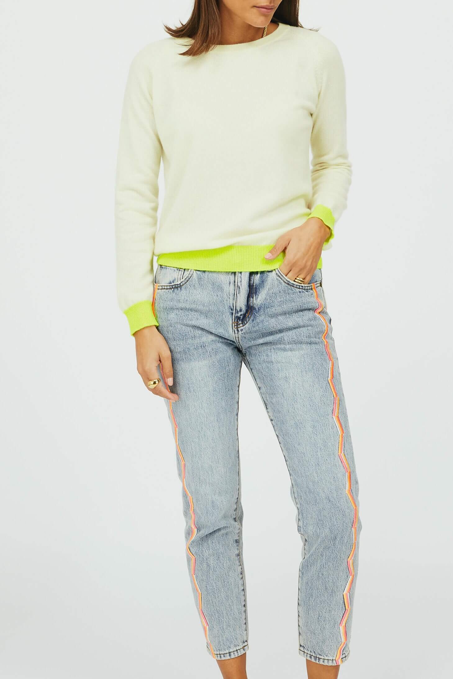 Cream and Neon Yellow Cashmere Jumper