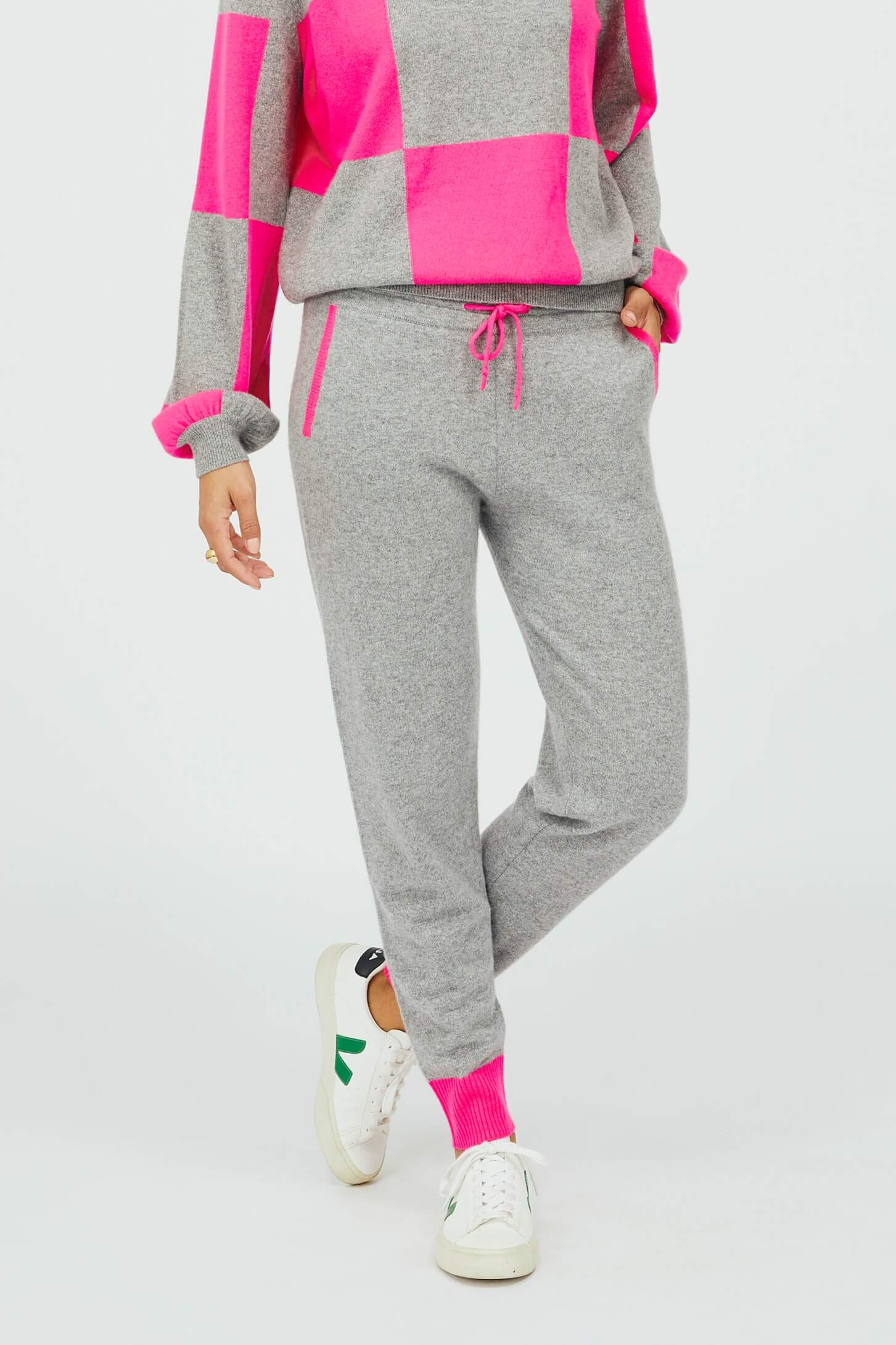 Grey & Neon Pink Cashmere Joggers