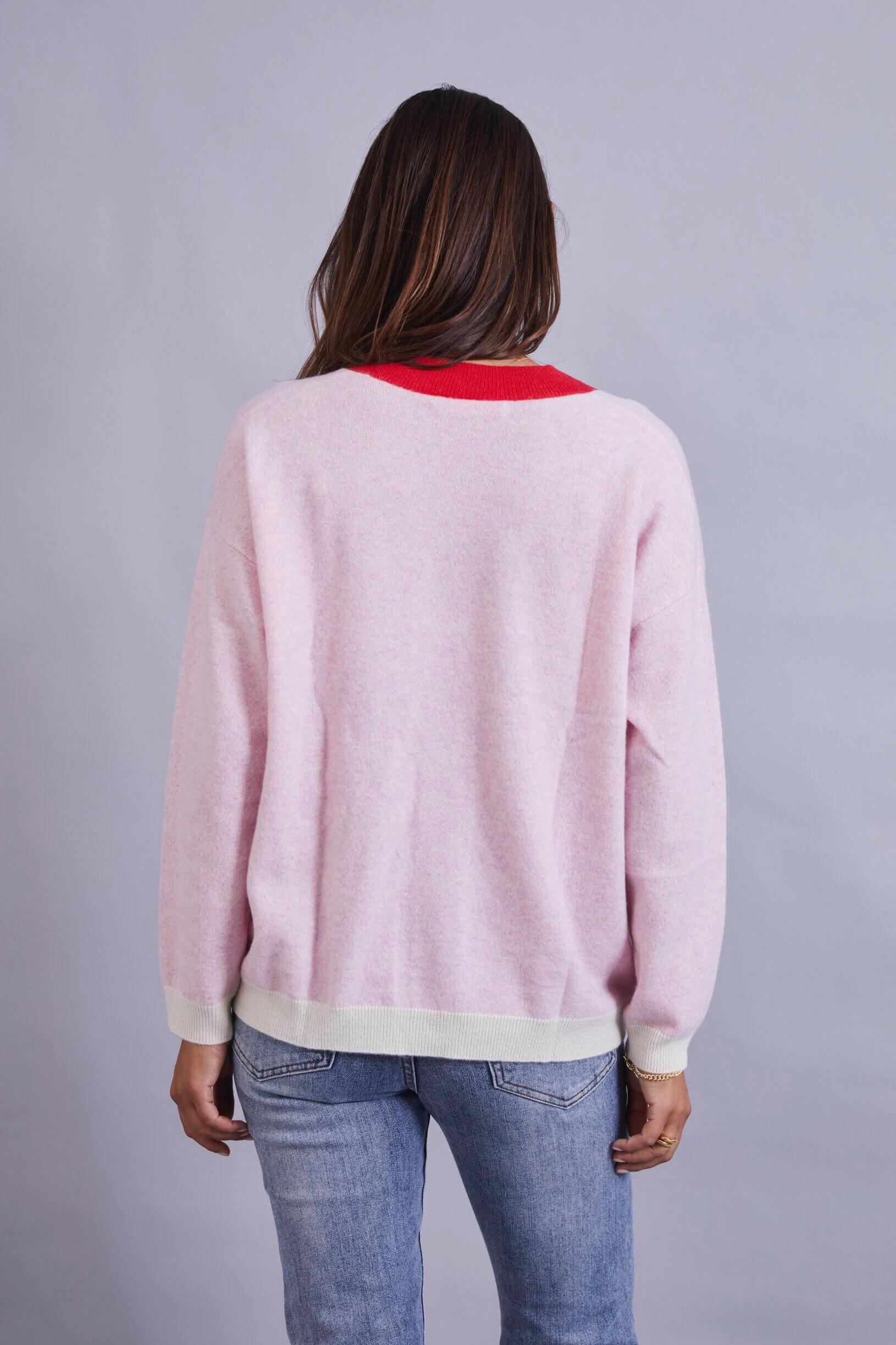 Pale Pink with Red and Cream Cashmere Cardigan | Gussy and Lou