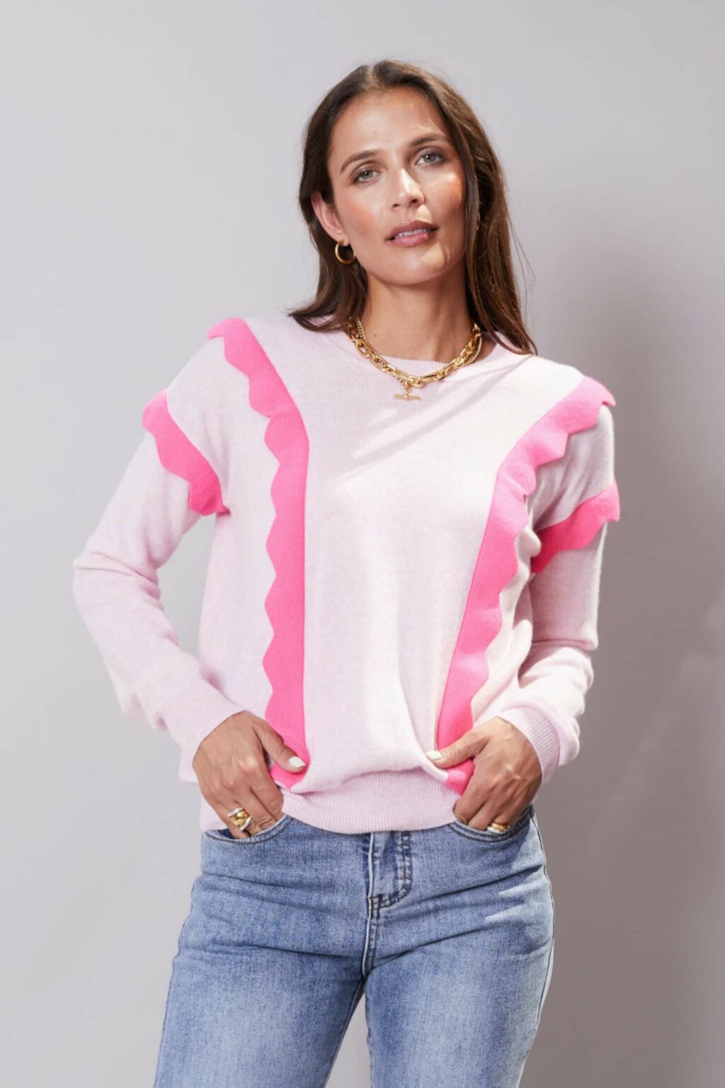Pale Pink with Neon Pink Frills Cashmere Jumper