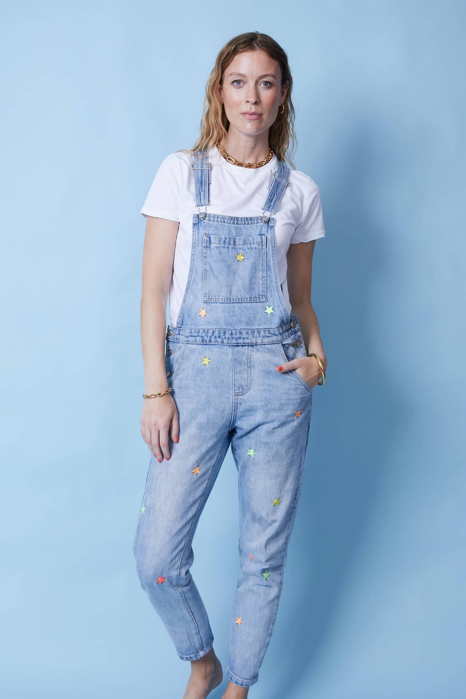 Multi Star Denim Girlfriend Dungarees