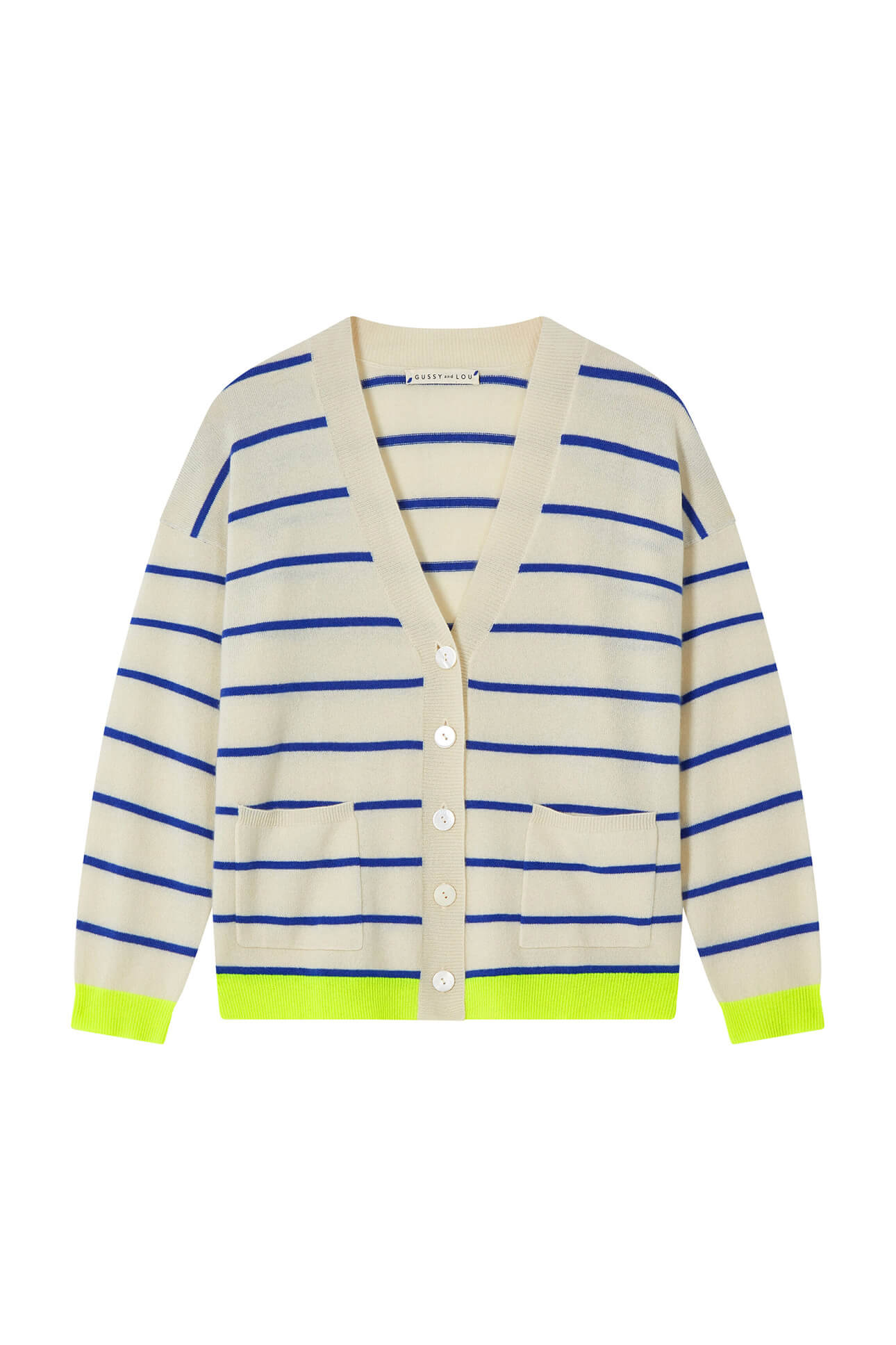 Cream & Blue Stripe Cashmere Cardigan | Gussy and Lou