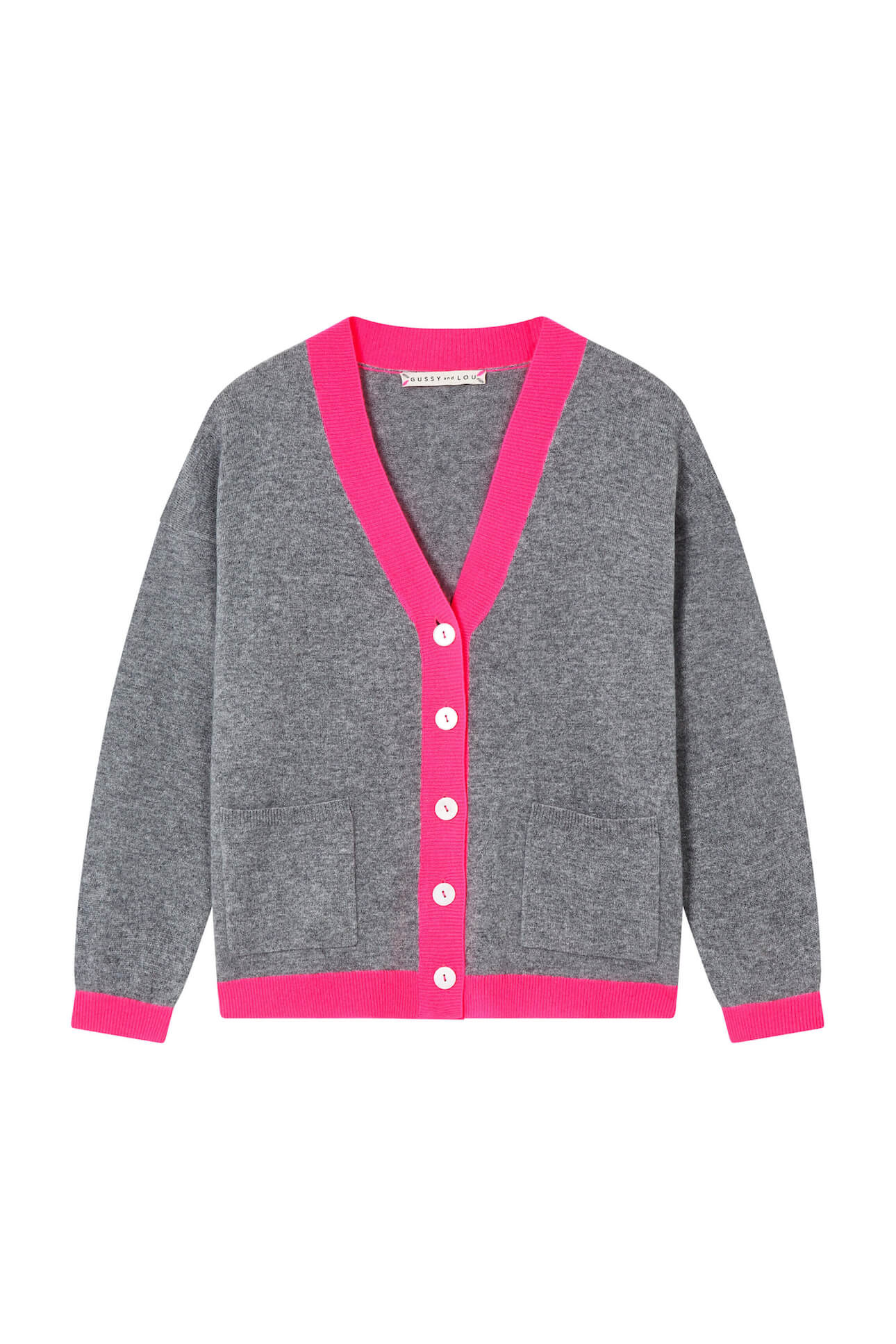 Grey with Neon Pink Cashmere Cardigan | Gussy and Lou