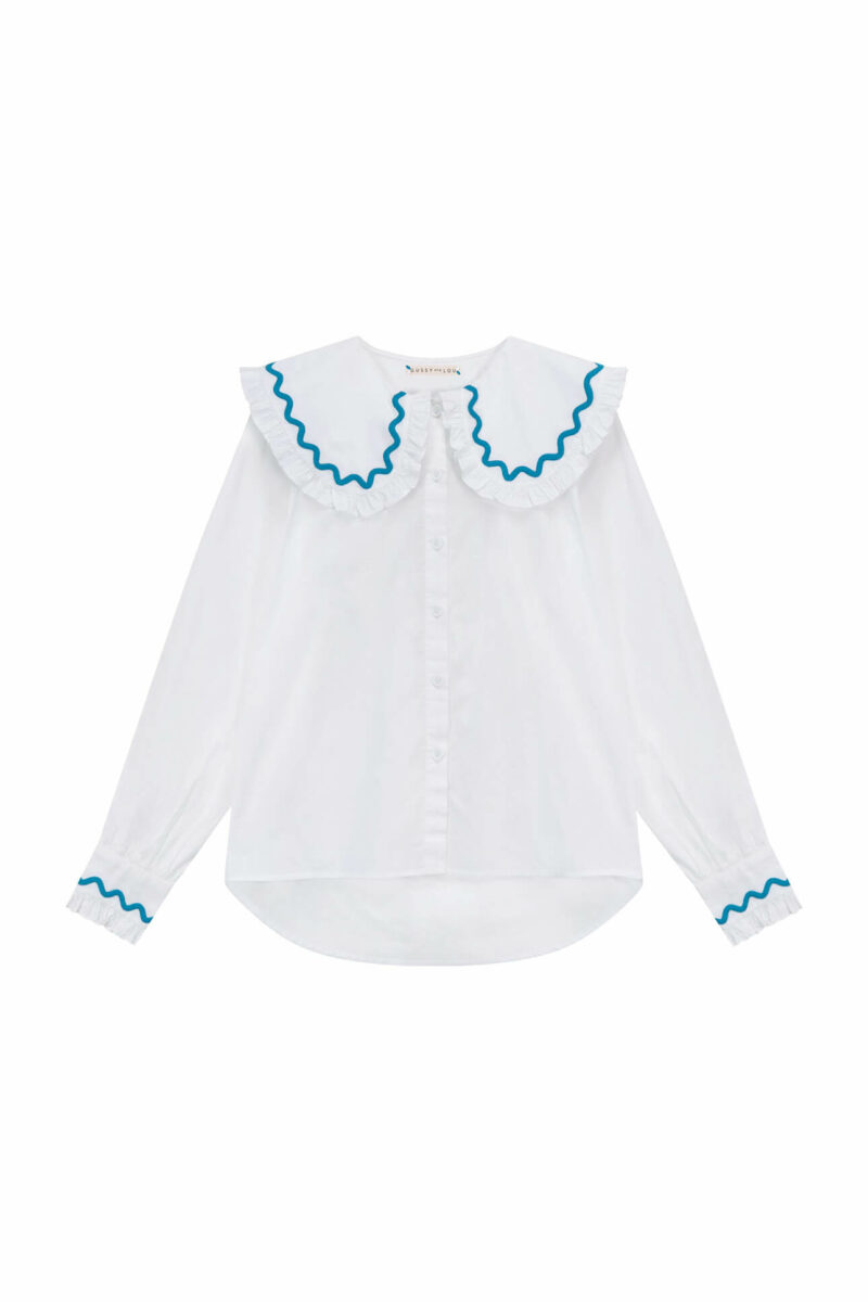 White Blouse with Blue Scallop | Gussy and Lou