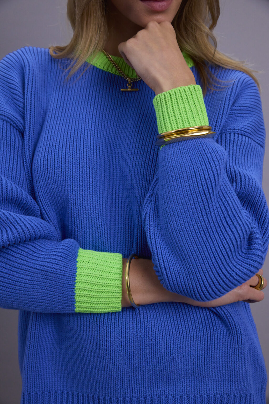 Blue and Neon Green Cotton Crew - Image 2