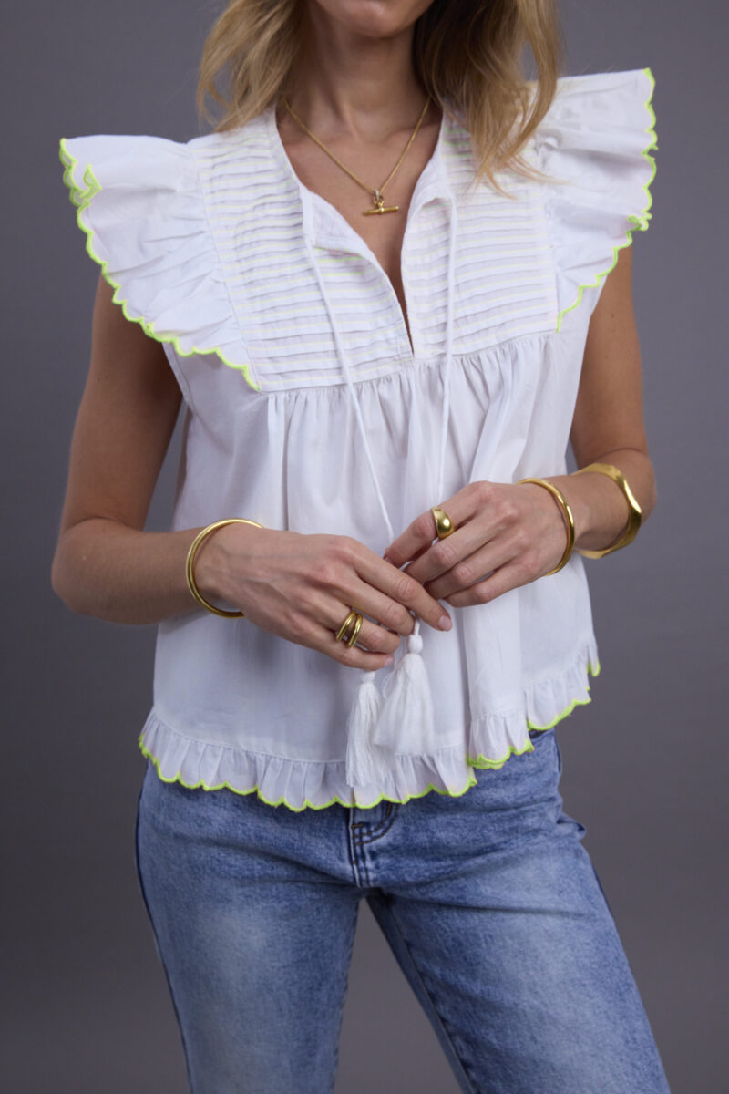 Ladies White and Neon Yellow Summer Blouse