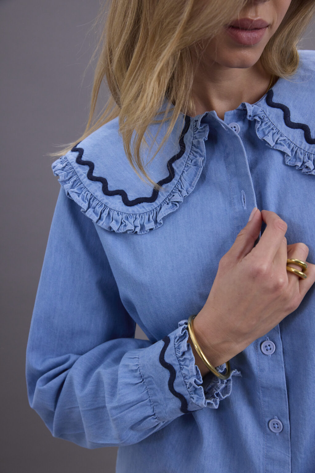 Denim and Navy Scallop Blouse - Image 2