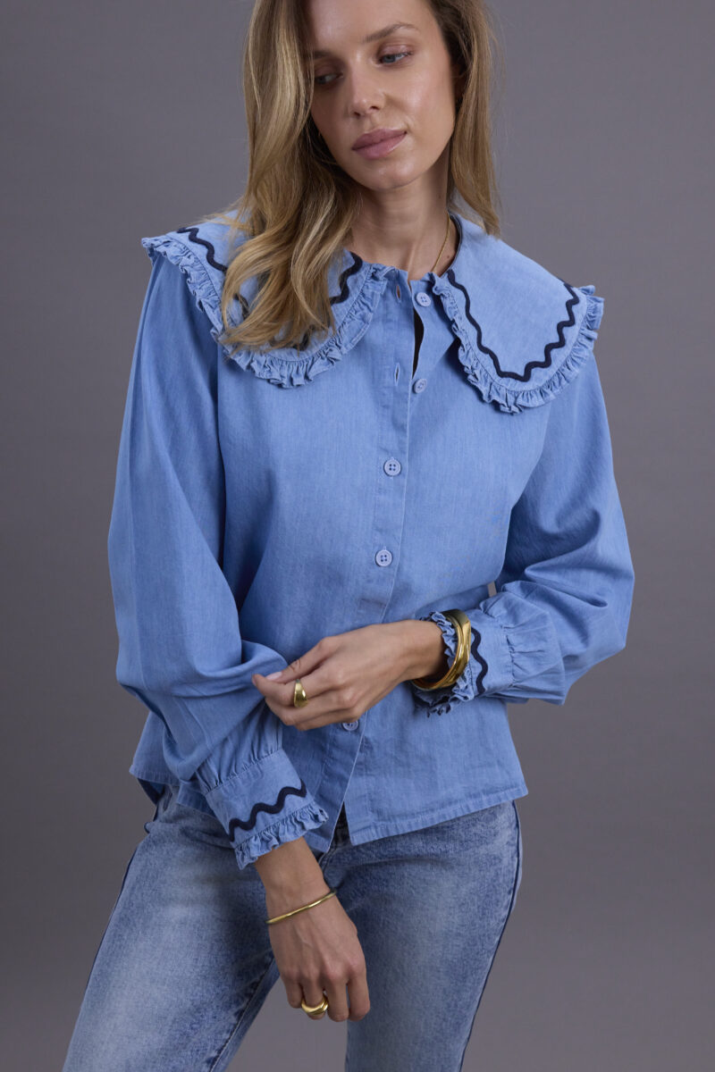 Denim and Navy Scallop Blouse