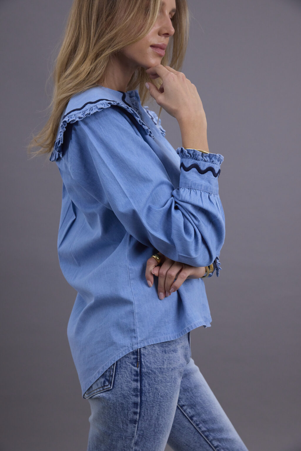 Denim and Navy Scallop Blouse - Image 5