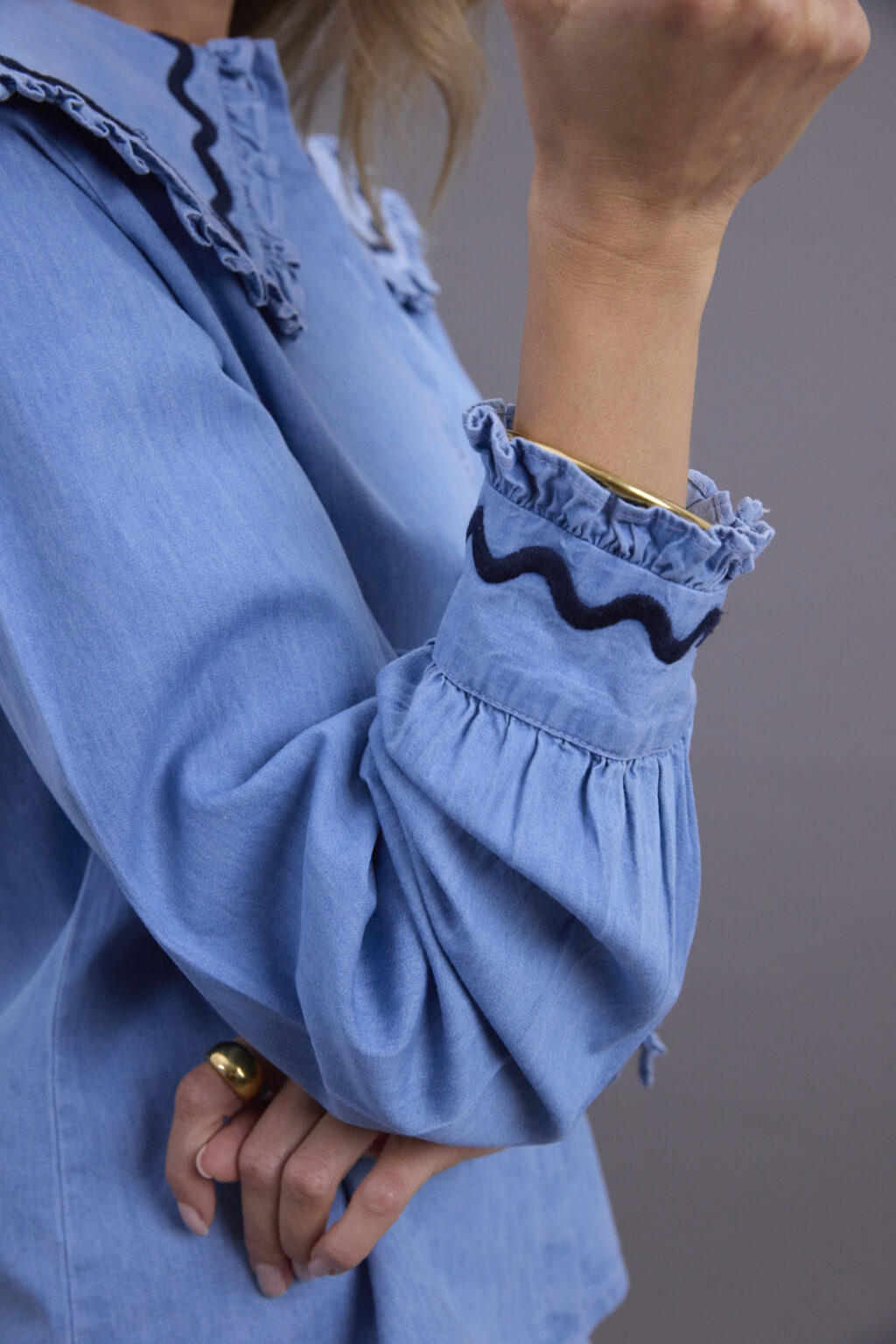 Denim and Navy Scallop Blouse - Image 3