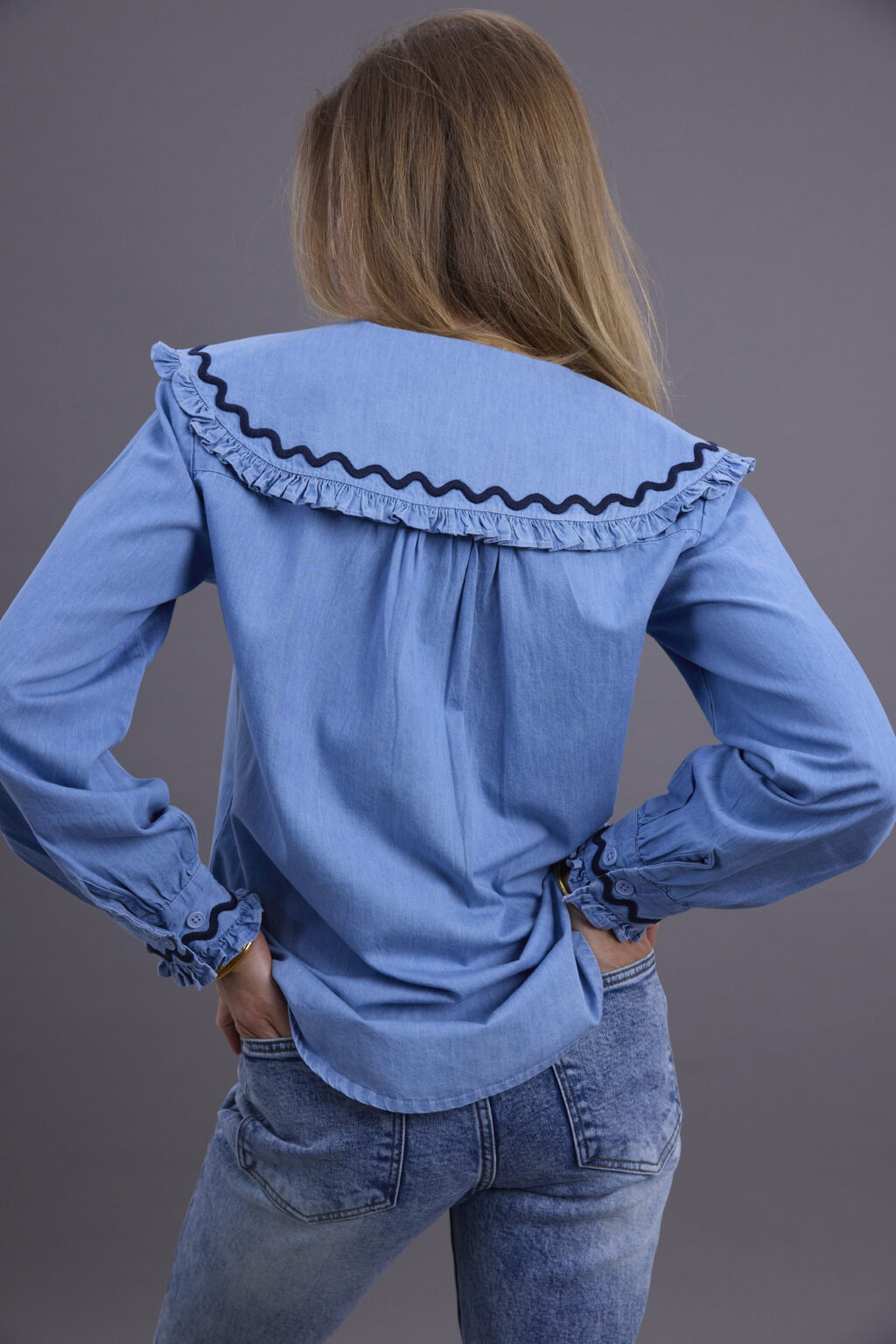 Denim and Navy Scallop Blouse - Image 4
