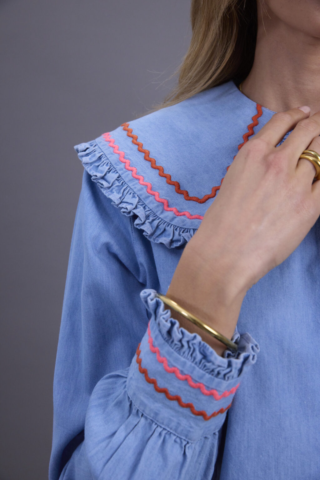 Denim Red and Pink Scallop Blouse - Image 4