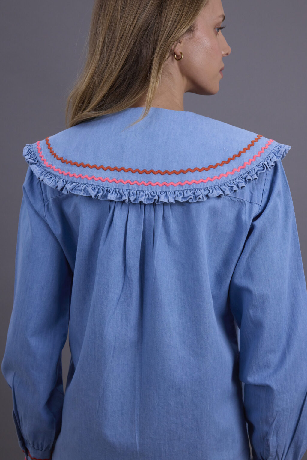 Denim Red and Pink Scallop Blouse - Image 2
