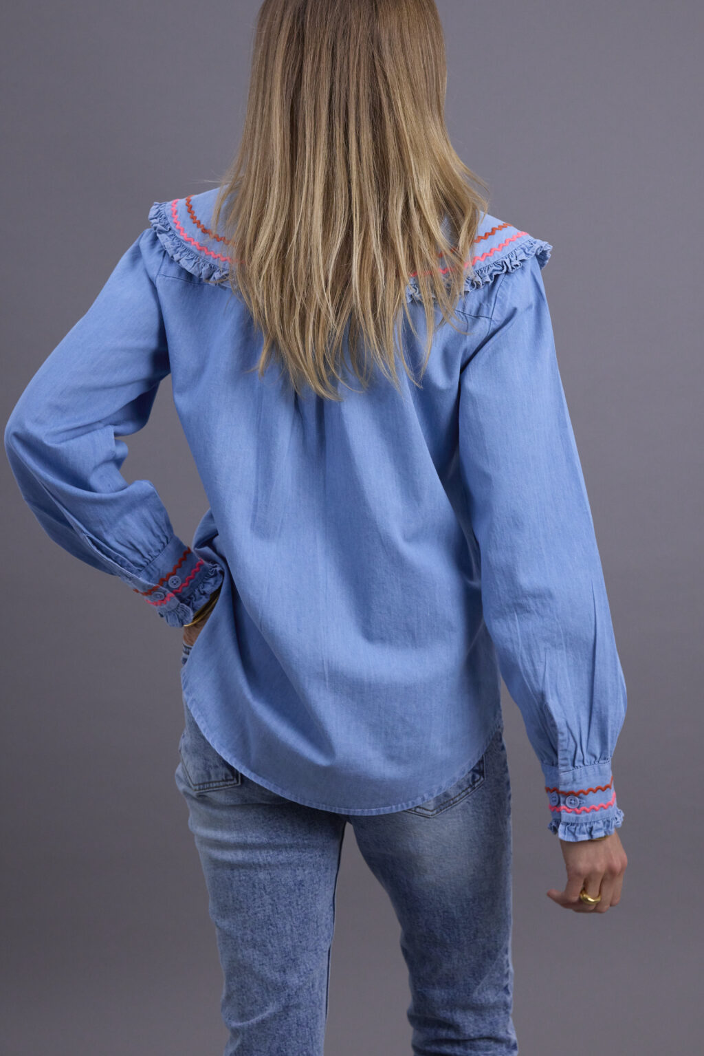 Denim Red and Pink Scallop Blouse - Image 3