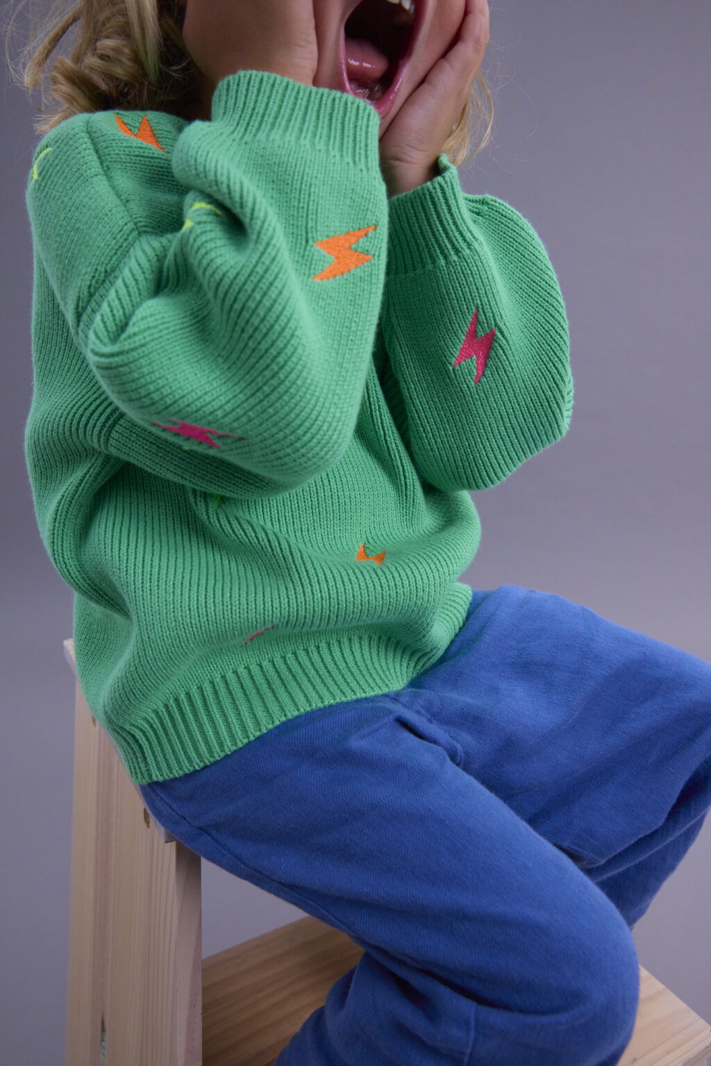 Kids Green Lightning Bolt Cotton Crew - Image 4