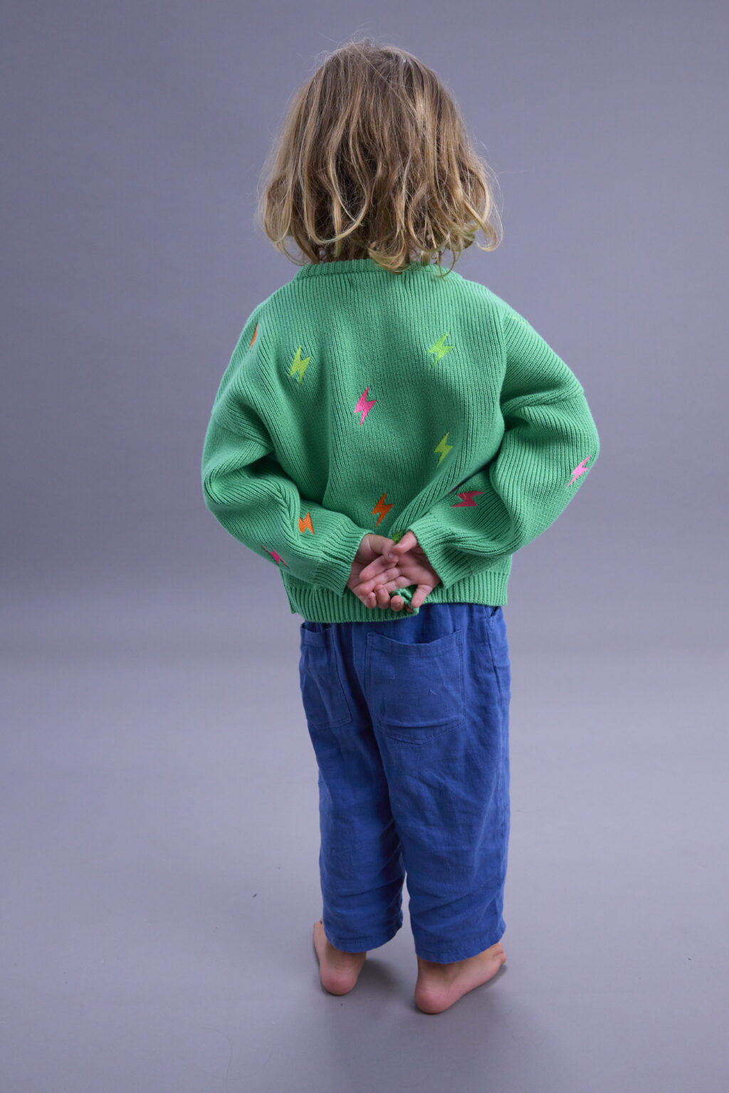 Kids Green Lightning Bolt Cotton Crew - Image 2