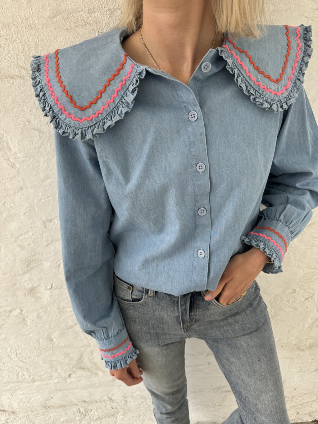 Denim Red and pink Scallop Blouse