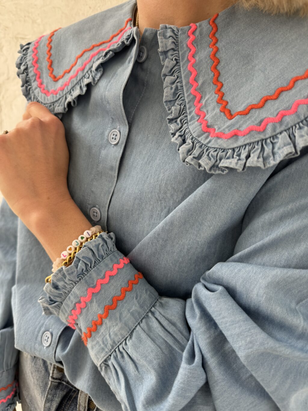 Denim Red and pink Scallop Blouse - Image 3