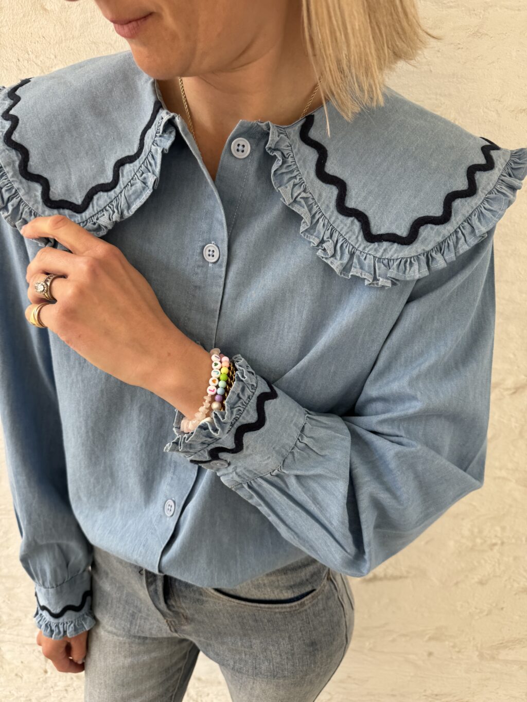 Denim and Navy Scallop Blouse - Image 3