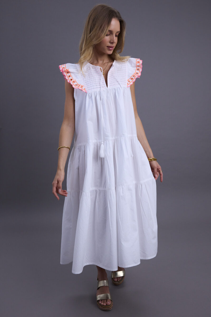 White Cotton and Neon Midi Dress
