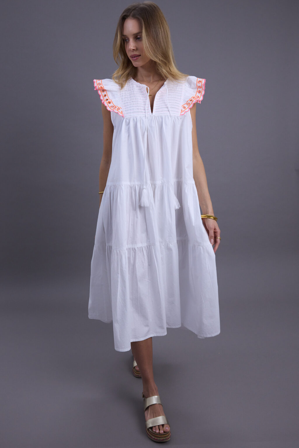 White Cotton and Neon Midi Dress - Image 2