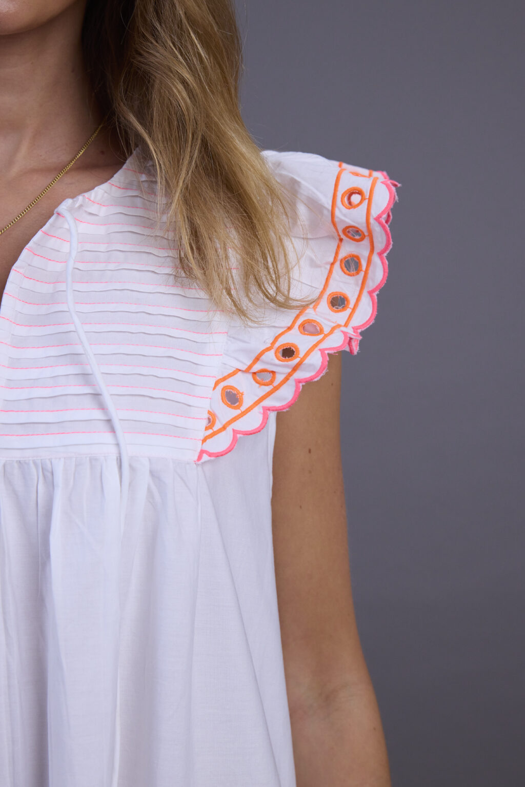White Cotton and Neon Midi Dress - Image 3