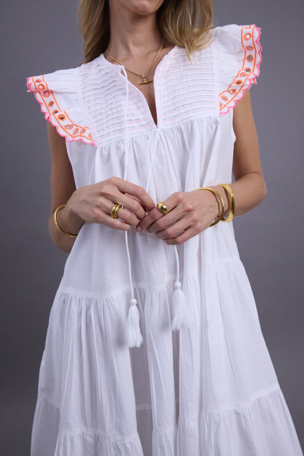 White Cotton and Neon Midi Dress - Image 5