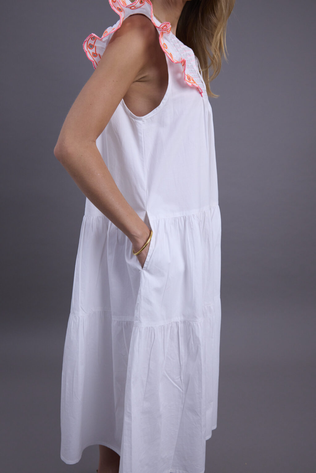 White Cotton and Neon Midi Dress - Image 7
