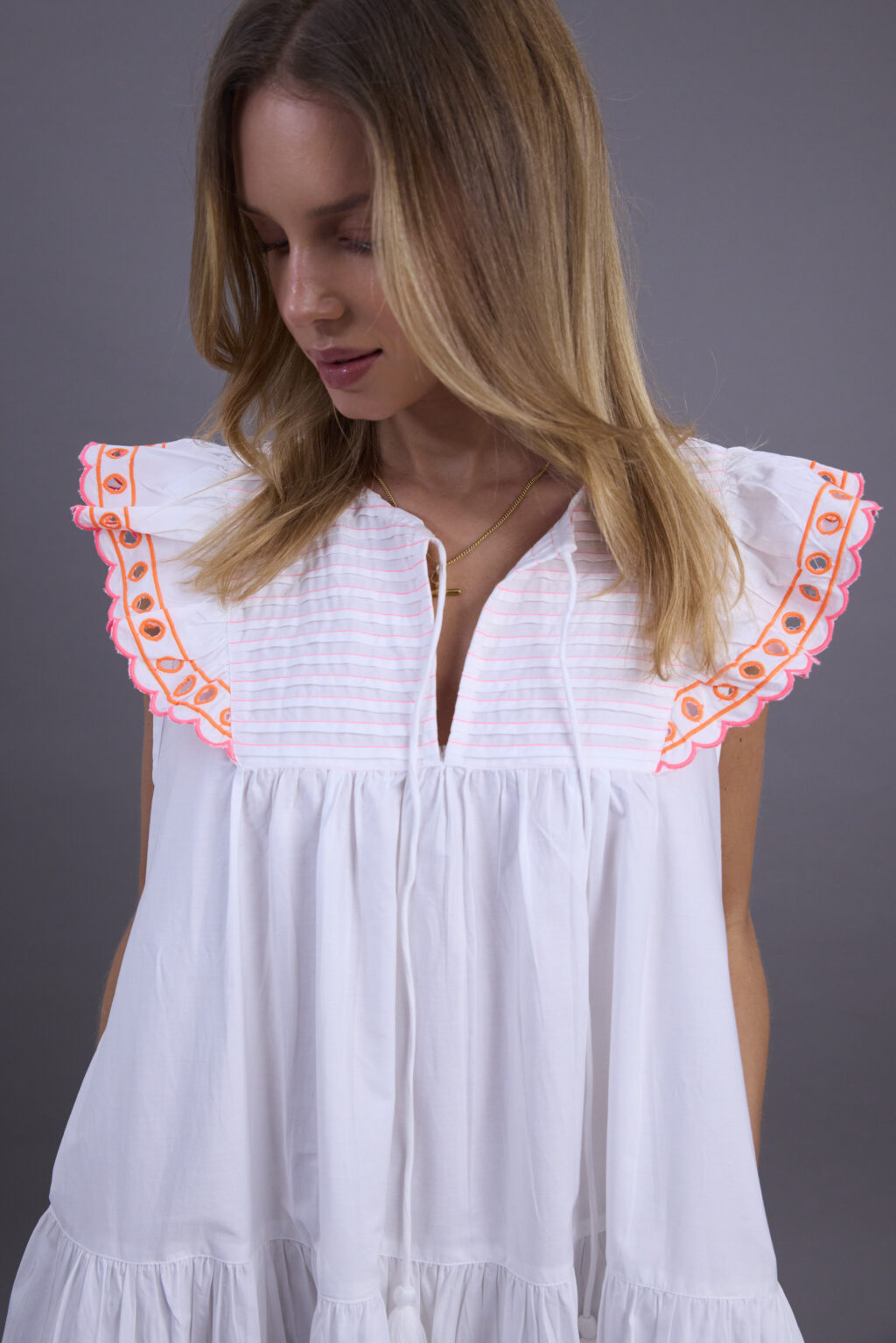 White Cotton and Neon Midi Dress - Image 8