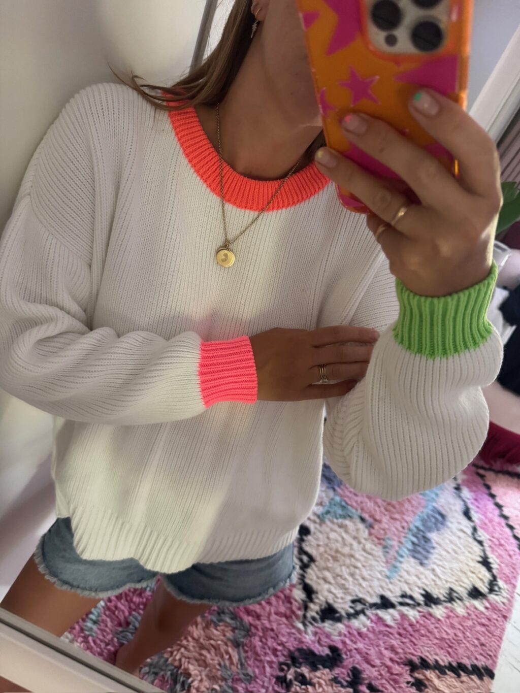 Cream and Multi Neon Cotton Crew